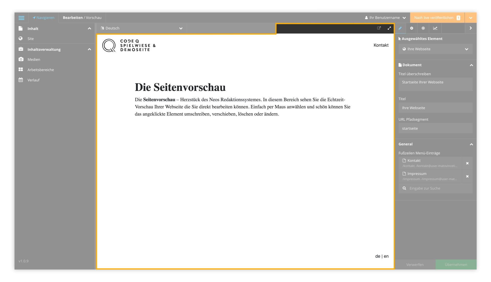 Die Seitenvorschau im Neos Redaktionssystem