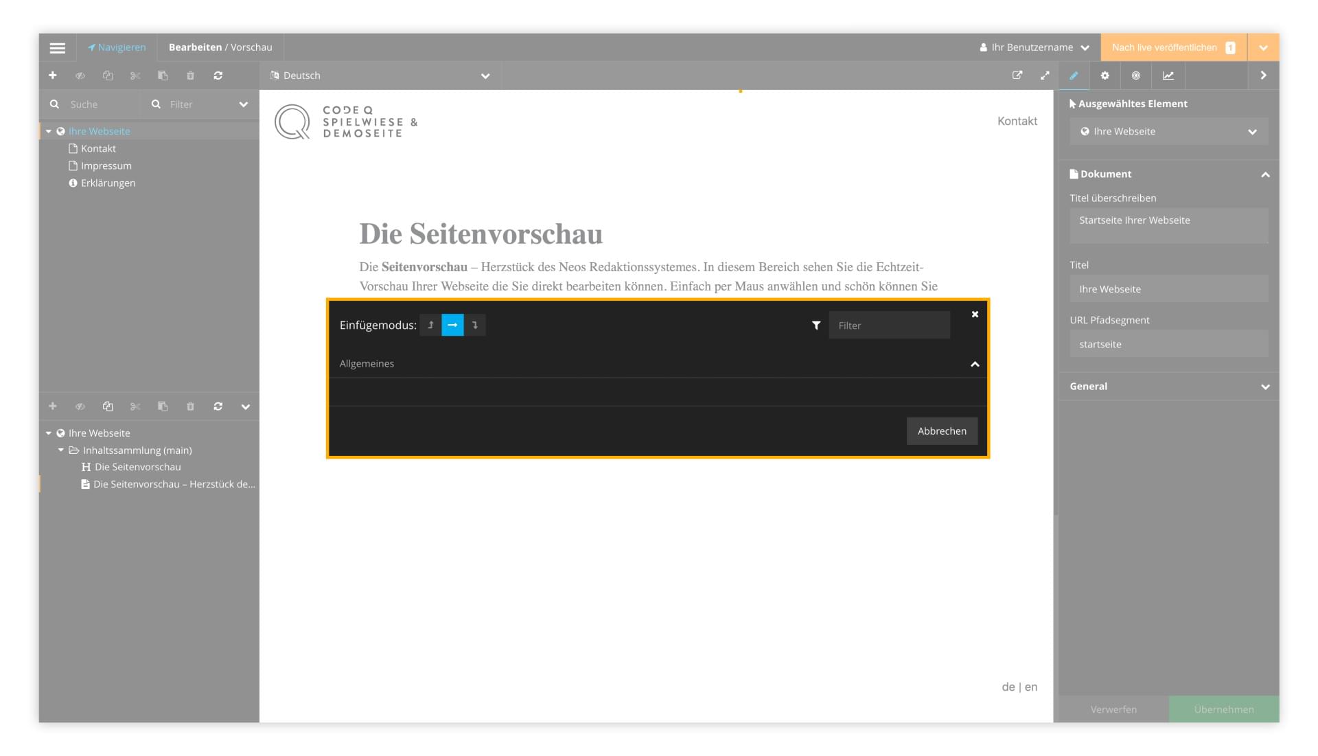 Der Einfügemodus des Element-Erstellen-Fensters